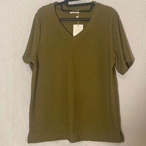 Olive Textured V-Neck Blouse. Bulotus. Texture knit. Casual. Comfortable